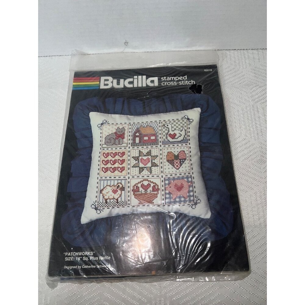 Bucilla Stamped Cross Stitch Kit "patchworks" 40018 size 14sq plus ruffle comple